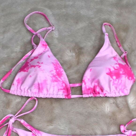Zanful Pink Tie Dye Print Hot Pink Strappy Bikini Size Large - Picture 3 of 7
